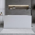 51'' Solid Surface Freestanding Bathtub. Stone Resin Stand Alone Soaking Tub. Modern Rectangular Freestanding Tubs with Overflow. Pop-up Drain. Thick Edge. Matte White
