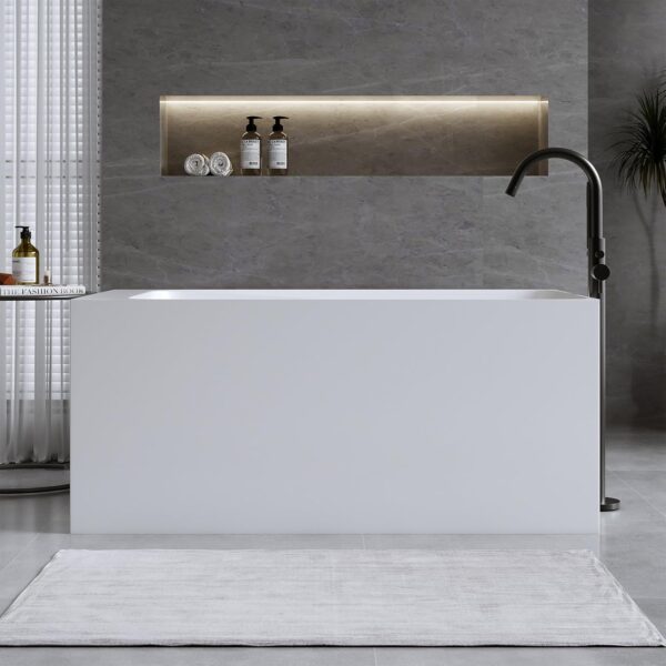 51'' Solid Surface Freestanding Bathtub. Stone Resin Stand Alone Soaking Tub. Modern Rectangular Freestanding Tubs with Overflow. Pop-up Drain. Thick Edge. Matte White
