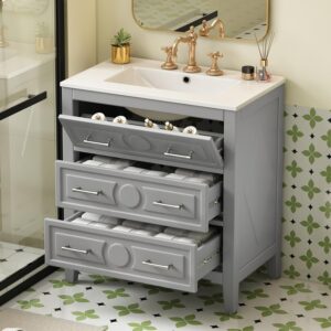 30'' Bathroom Vanity with Ceramic Sink Combo. Bathroom Vanity Storage Cabinet with Gold Pull. 1 Tip-Out Drawer & 2 Drawers. Solid Wood Frame Storage Vanities with Sink (Gray)
