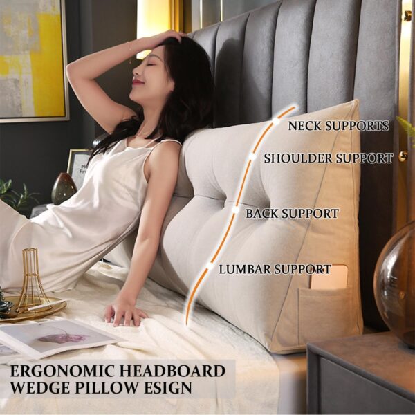 Wedge Headboard Pillow. Solid Color Rest Reading Pillow Headboard. Twin Headboard Pillow with Pocket. Positioning Support. Bolster Triangular Pillow. Long Pillow for Headboard. Grey. 59