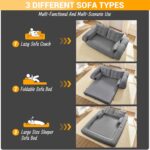 3-in-1 Convertible Sleeper Sofa Bed. 78.7 Teddy Fabric Foam-Filled Folding Floor Sofa Couch Bed. Convertible Loveseat Sleeper Guest Bed with 2 Pillows for Living Room Apartment Office (Grey)