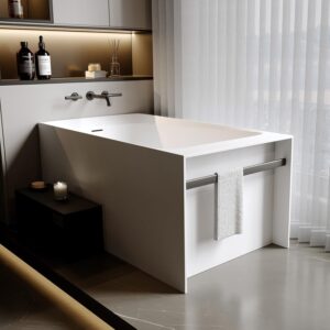 51'' Solid Surface Freestanding Bathtub. Stone Resin Stand Alone Soaking Tub. Modern Rectangular Freestanding Tubs with Overflow. Pop-up Drain. Thick Edge. Matte White