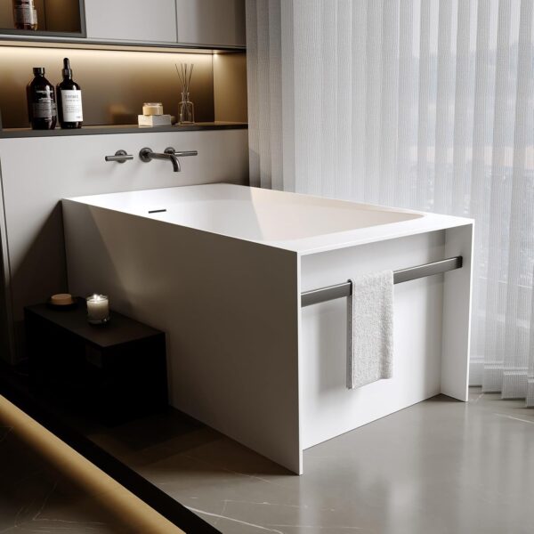 51'' Solid Surface Freestanding Bathtub. Stone Resin Stand Alone Soaking Tub. Modern Rectangular Freestanding Tubs with Overflow. Pop-up Drain. Thick Edge. Matte White
