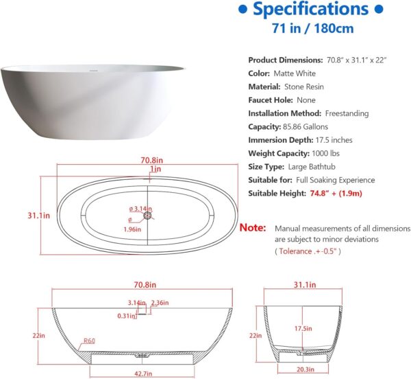 71″ Freestanding Solid Surface Bathtub. Oval Thick Edge Matte White Stone Resin Stand Alone Soaking Tub. Ergonomic Free standing Flatbottom Tubs with Overflow. Pop-up Drain (Matte White. 71)