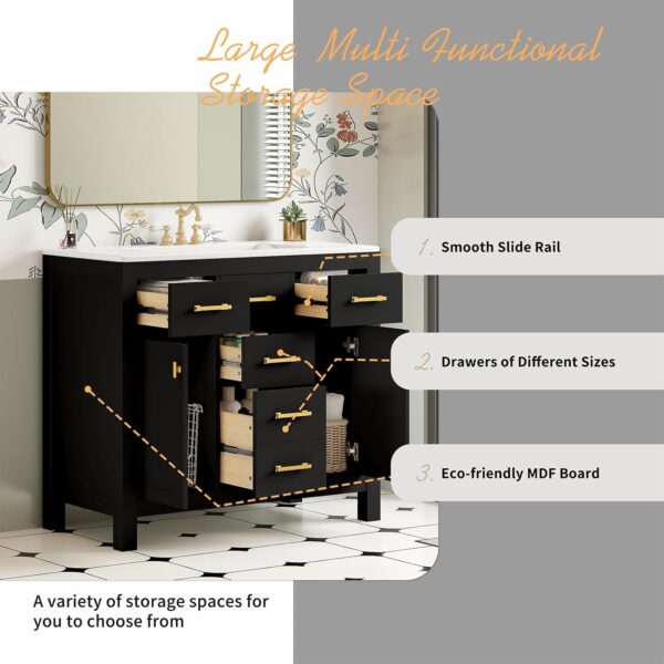 36'' Bathroom Vanity with Ceramic Sink Combo Set. Modern Freestanding Single Bathroom Cabinet with 4 Drawers & 2 Cabinets. Storage Cabinet. Solid Wood Frame Vanity Set (Black)