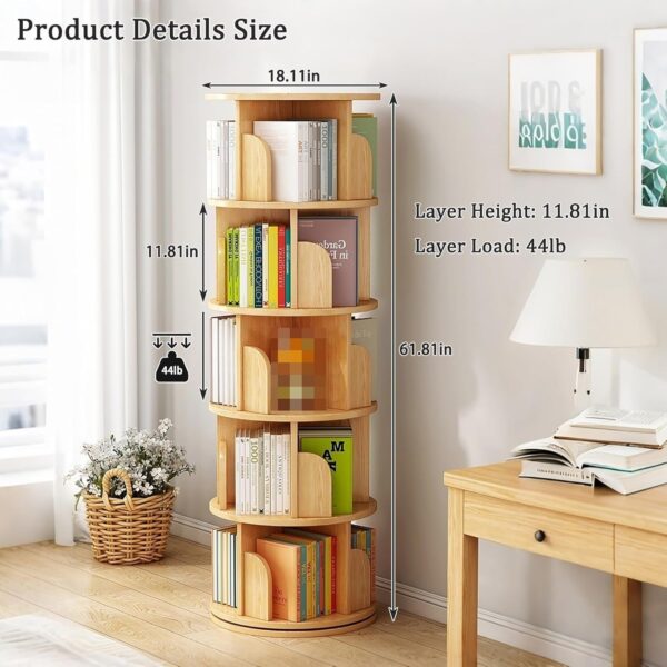 Rotating Bookshelf. Round Revolving Bookcase. 360° Spinning Book Shelf Tower. Narrow Organizer for Bedroom. Living Room. Small Space. Corner. Office. Kids & Adults (Natural. 5 Tier)