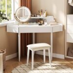 Corner Vanity Desk with Lighted Mirror. 44 Modern Fluted Makeup Vanity Desk with Adjustable Folding Mirror. Stool. Bedroom Dressing Table for Women. Small Place (White)