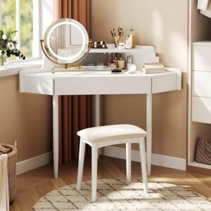 Corner Vanity Desk with Lighted Mirror. 44 Modern Fluted Makeup Vanity Desk with Adjustable Folding Mirror. Stool. Bedroom Dressing Table for Women. Small Place (White)