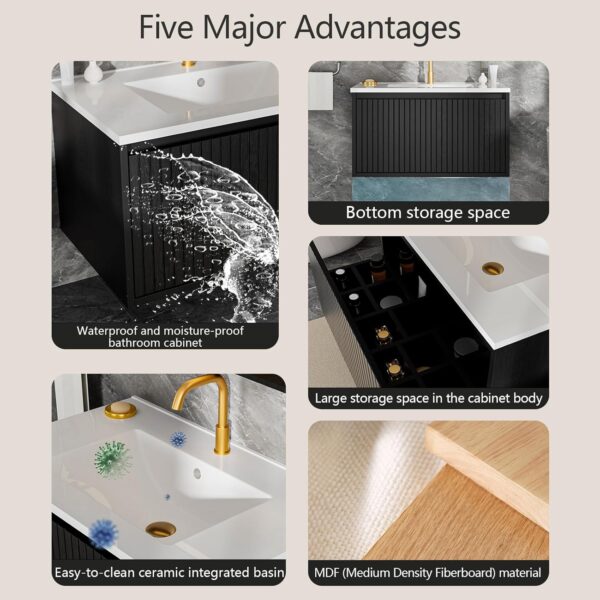 30 Inch Bathroom Vanity with Sink. Wall Mounted Floating Fluted Vanity with Drawers. Soft-Close Doors. Modern Wall Mount Bathroom Storage Cabinet for Small Space (Black)