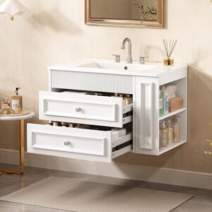 30 Inches Bathroom Vanity with Sink MDF. Wall Mounted Floating Cabinets w/Double Drawers. 3 Holes Single Ceramic Sink Combo Set Modern Storage Cabinet (White)