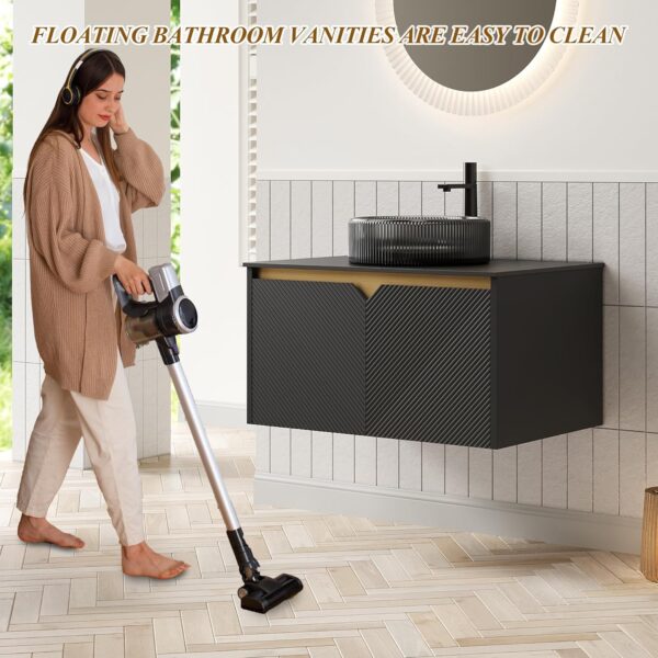 30'' Bathroom Vanity with Sink Combo. Floating Bathroom Vanity with Ultra-Thin Ceramic Basin and Marble Top. Modern Wall Mount Storage Cabinet with Ceramic Integrated Sink (Black-3. 30 Inches)