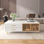 Modern Coffee Tables for Living Room. High Gloss LED Coffee Table. Storage Coffee Table. Wood Center Table with 4 Sliding Drawers and 2 Glass Door Storag. for Home Office and Restaurants (White)