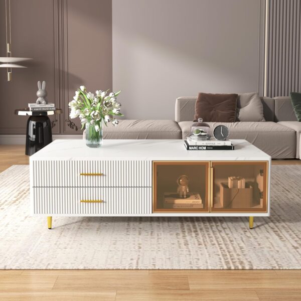 Modern Coffee Tables for Living Room. High Gloss LED Coffee Table. Storage Coffee Table. Wood Center Table with 4 Sliding Drawers and 2 Glass Door Storag. for Home Office and Restaurants (White)