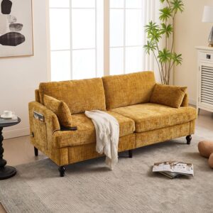 Loveseat Sofa Couch for Living Room with USB & LED. 68.9'' Upholstered Small Couches for Bedroom. Apartment. Mid Century Modern 2-Seater Deep Seating with Side Pockets & Solid Frame (Mustard Yellow)