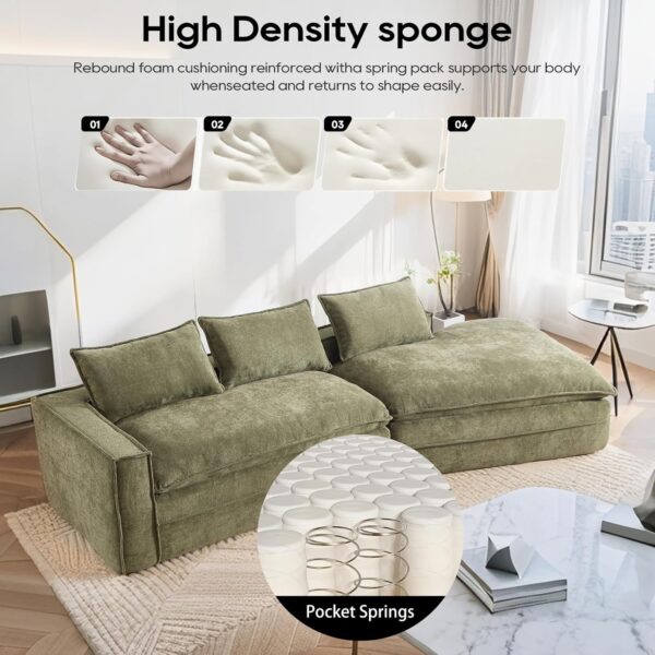 133'' Modern Minimalist Modular Sectional Sofa. Upholstered Cloud Couch with Deep Seats. Right Facing Chaise for Living Room (Green)