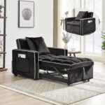 35 Convertible Chair Bed. Sleeper Chair. 3 in 1 Modern Velvet Pull Out Sofa Chair. Small Tufted Single Sleeper Chair with Adjustable Backrest/Pillow for Living Room. Small Spaces (Black)