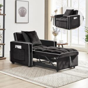 35 Convertible Chair Bed. Sleeper Chair. 3 in 1 Modern Velvet Pull Out Sofa Chair. Small Tufted Single Sleeper Chair with Adjustable Backrest/Pillow for Living Room. Small Spaces (Black)