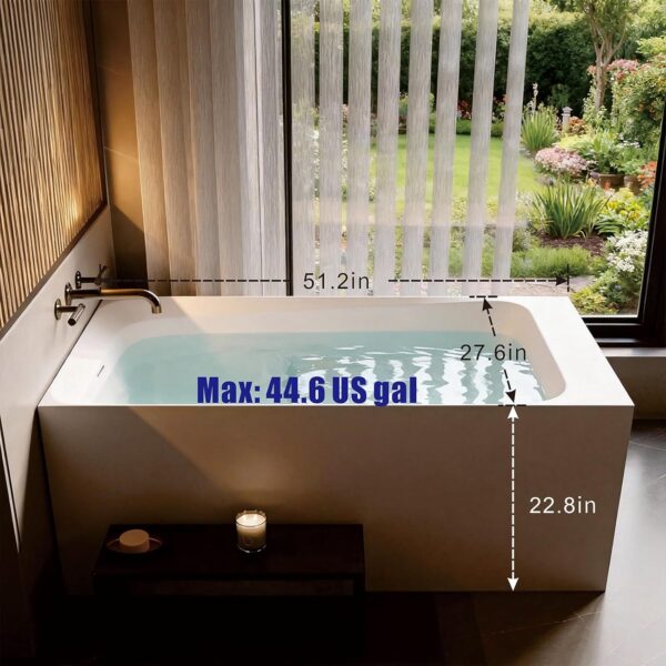 51'' Solid Surface Freestanding Bathtub. Stone Resin Stand Alone Soaking Tub. Modern Rectangular Freestanding Tubs with Overflow. Pop-up Drain. Thick Edge. Matte White