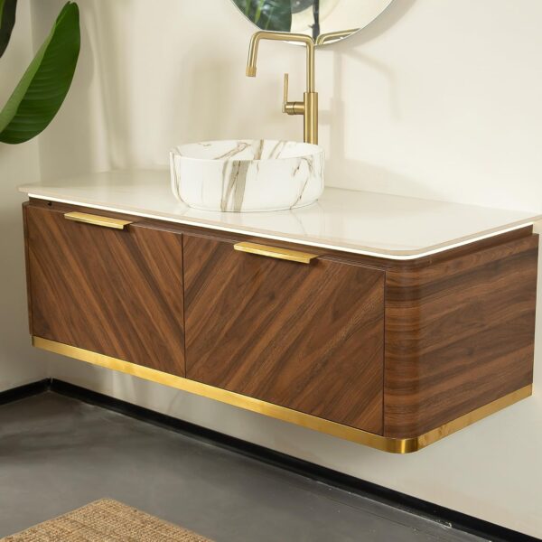 48 Bathroom Vanity with Ceramic Sink Combo. Floating Bathroom Vanities with Sensor Light. Wall-Mounted Basin Bath Storage Cabinet with Sintered Stone Top (Walnut-1. 48'')