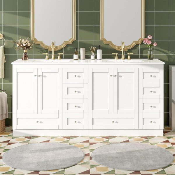 72'' Bathroom Vanities with Ceramic Sink Combo. Freestanding Double Bathroom Vanity Storage Cabinet 4 Soft Closing Doors & 2 Drawers Floor Standing Storage (White)
