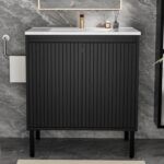 30″ Fluted Bathroom Vanity with Ceramic Sink. Modern Bathroom Vanity Cabinet with 2 Doors. Freestanding Mid-Century Restroom Sink Cabinet Combo (Black. 30'')