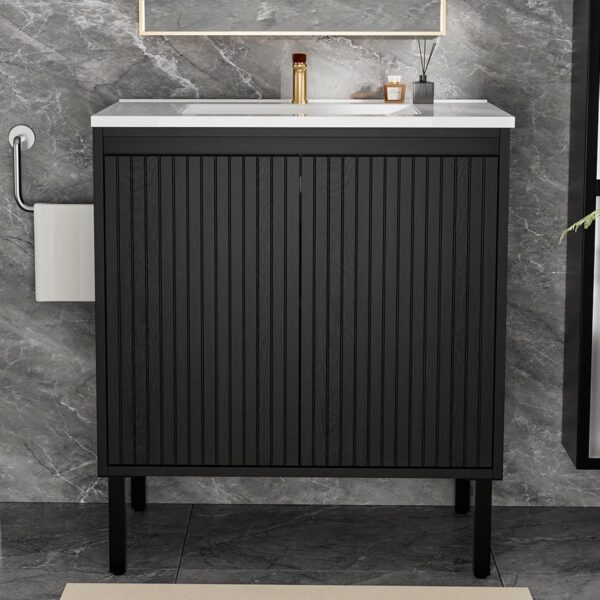 30″ Fluted Bathroom Vanity with Ceramic Sink. Modern Bathroom Vanity Cabinet with 2 Doors. Freestanding Mid-Century Restroom Sink Cabinet Combo (Black. 30'')