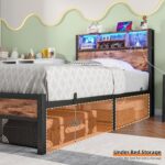 Twin Size Bed Frame with Storage Headboard and LED Lights
