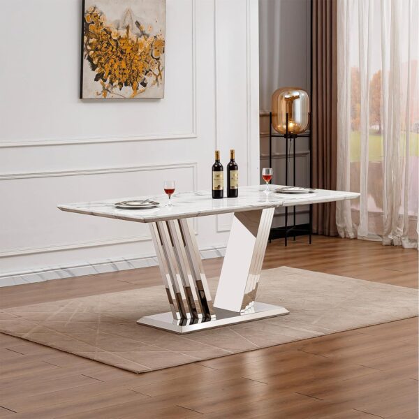 70 Marble Dining Table for 6-8 People. Modern Rectangle Faux Marble Kitchen Table with Mirrored Finish Stainless Steel Base. Dining Room Table for Home. Kitchen. Apartment (Style 2: White & Silver)