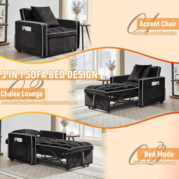 35 Convertible Chair Bed. Sleeper Chair. 3 in 1 Modern Velvet Pull Out Sofa Chair. Small Tufted Single Sleeper Chair with Adjustable Backrest/Pillow for Living Room. Small Spaces (Black)