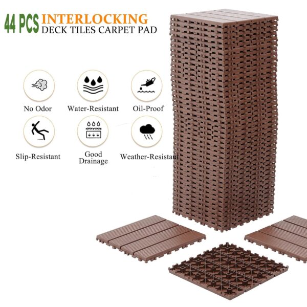 Plastic Interlocking Deck Tiles. 44 Pack Patio Deck Tiles. 12x12 Square Outdoor All Weather Use. Outdoor and Indoor Patio Decking Tiles for Porch. Poolside. Balcony. Backyard (Brown)