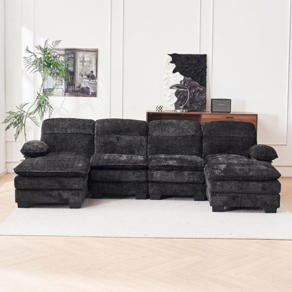 U-Shaped Modular Sectional Cloud Couch. 4 Seater Sofa Couch. Modern Furniture Comfy Chenille Sofa for Living Room. 111.8in Extra Deep Couch (Black)