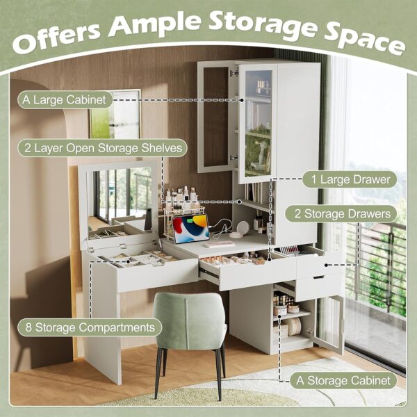 Large Versatile Makeup Vanity Desk with Mirror and Charging Station. Home Office Desk. Dressing Table with 8 Hidden Storage Compartments. Computer Desk with 3 Drawers. 2 Cabinets and Open Shelves