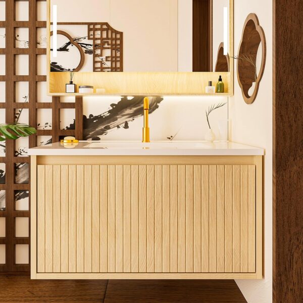 30'' Fluted Bathroom Vanity with Sink Combo. Floating Sink Bathroom Vanity Wall-Mounted Bath Room Vanities with Drawers. Bath Storage Cabinet (Wood)
