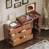 Vanity Desk with Mirror and Lights. Makeup Vanities Table with Flip-Top and Storage 7 Drawers. 9 Compartments. 3 Shelves. Corner Vanity Dressing for Bedroom (Walnut)