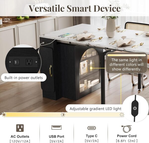 Extendable Dining Table for 4-6. 33''-59'' Extending Dining Table w/Removable Leaves Space Saving. Mobile Rolling Island Tables with Power Outlet Wooden Adjustable Tables for Kitchen (Black)