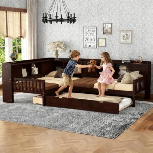 Twin Size L-Shaped Platform Bed Frame with Trundle. Solid Wood Daybed with Drawers & Open Shelves. Twin Corner Bed for Kids Boys Girls. No Box Spring Needed (Espresso)