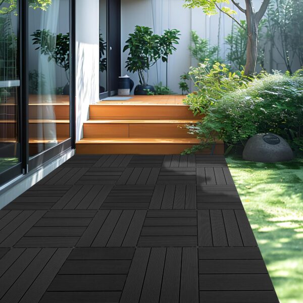 9 PCS Heavy-Duty & Recyclable Wood-Plastic Interlocking Deck Tiles 11.8 x 11.8- Outdoor and Indoor for Patio. Balcony. Porch. Backyard. Bedroom (Black)