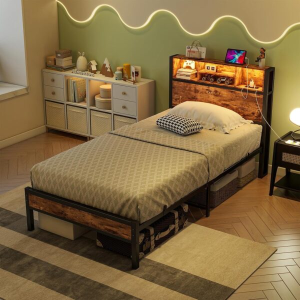 Twin Size Bed Frame with Storage Headboard and LED Lights