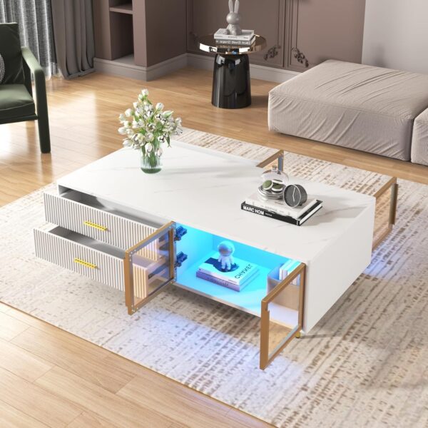 Modern Coffee Tables for Living Room. High Gloss LED Coffee Table. Storage Coffee Table. Wood Center Table with 4 Sliding Drawers and 2 Glass Door Storag. for Home Office and Restaurants (White)