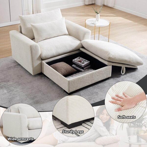 Chaise Lounge Chair Indoor with Ottoman. Comfy Corduroy Oversized Chaise Lounge with Storage Box. 51 W Modern Soft Single Sofa Reading Chair for Living Room. Bedroom. Office. Apartment (Beige)