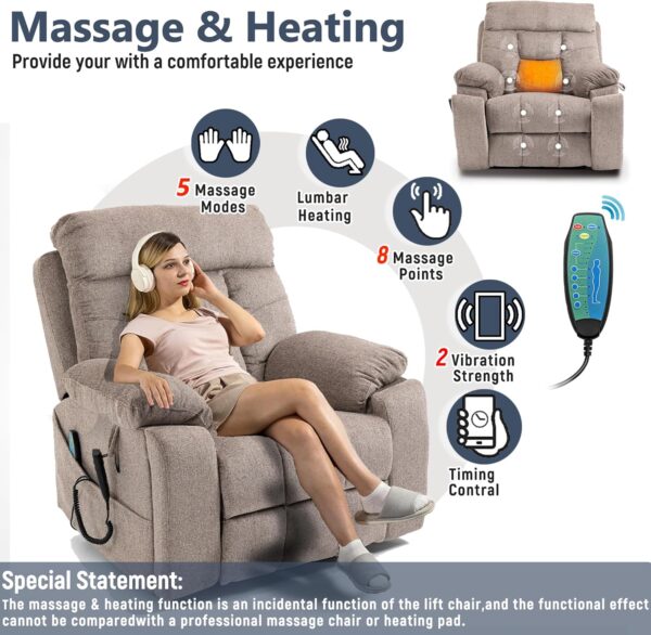 Oversized Power Lift Recliner Chair for Elderly. Electric Recliner Chairs for Adults with Massage and Heat. 2 Remote Control. 2 Cup Holders. Side Pockets. Big Man Recliners 400lbs (Light Brown)