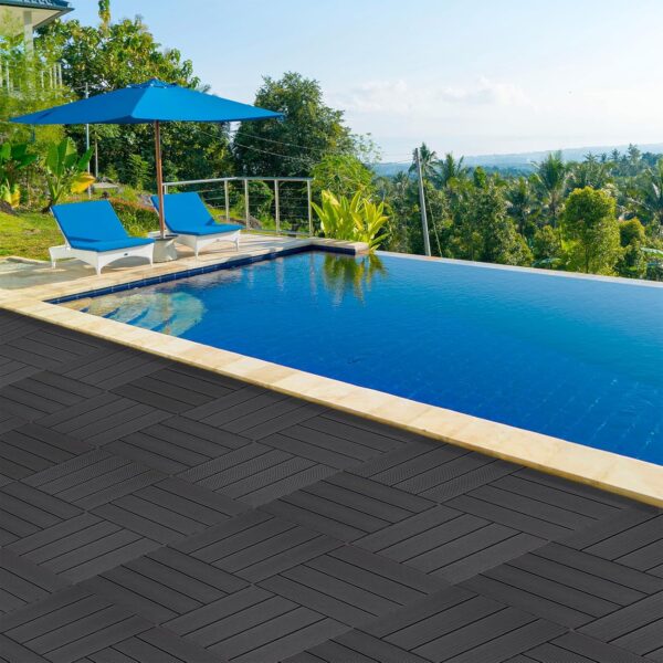 9 PCS Heavy-Duty & Recyclable Wood-Plastic Interlocking Deck Tiles 11.8 x 11.8- Outdoor and Indoor for Patio. Balcony. Porch. Backyard. Bedroom (Black)