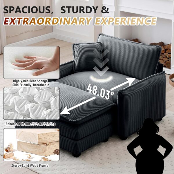 Oversized Chaise Lounge Chair Indoor with Ottoman. 37 W Corduroy Single Sofa Chair. Modern Couch with Deep Seat. Sleeper Chair Comfy Cloud Couch for Living Room Bedroom Office Apartment