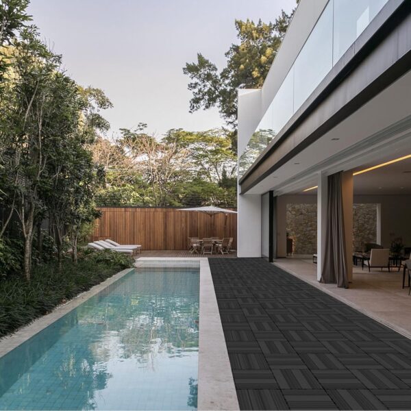 9 PCS Heavy-Duty & Recyclable Wood-Plastic Interlocking Deck Tiles 11.8 x 11.8- Outdoor and Indoor for Patio. Balcony. Porch. Backyard. Bedroom (Black)