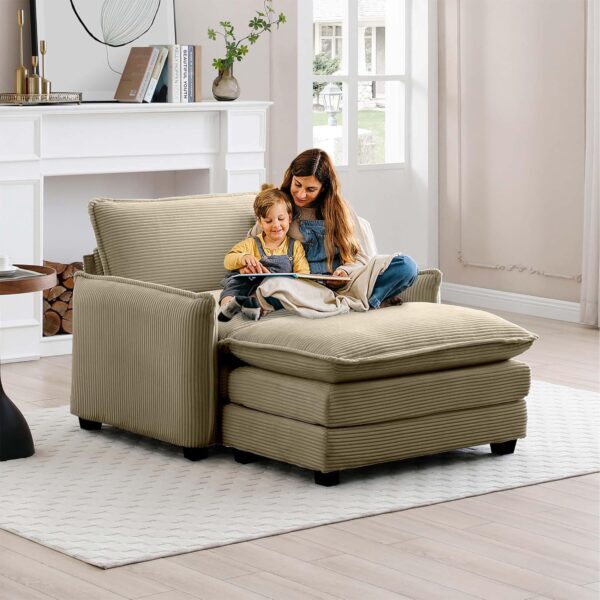 Oversized Chaise Lounge Chair Indoor with Ottoman. 37 W Corduroy Single Sofa Chair. Modern Couch with Deep Seat. Sleeper Chair Comfy Cloud Couch for Living Room Bedroom Office Apartment
