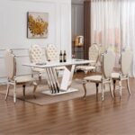 70 Marble Dining Table for 6-8 People. Modern Rectangle Faux Marble Kitchen Table with Mirrored Finish Stainless Steel Base. Dining Room Table for Home. Kitchen. Apartment (Style 2: White & Silver)