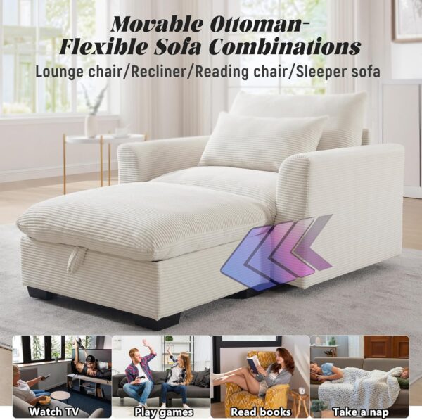 Chaise Lounge Chair Indoor with Ottoman. Comfy Corduroy Oversized Chaise Lounge with Storage Box. 51 W Modern Soft Single Sofa Reading Chair for Living Room. Bedroom. Office. Apartment (Beige)
