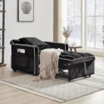 35 Convertible Chair Bed. Sleeper Chair. 3 in 1 Modern Velvet Pull Out Sofa Chair. Small Tufted Single Sleeper Chair with Adjustable Backrest/Pillow for Living Room. Small Spaces (Black)