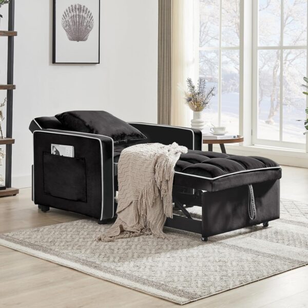 35 Convertible Chair Bed. Sleeper Chair. 3 in 1 Modern Velvet Pull Out Sofa Chair. Small Tufted Single Sleeper Chair with Adjustable Backrest/Pillow for Living Room. Small Spaces (Black)