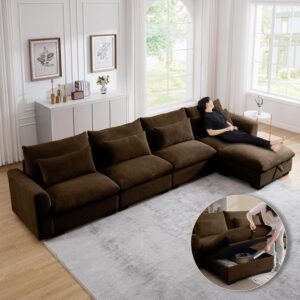Convertible Modular Sectional Sofa Couch. L-Shaped 4 Seat Sleeper Couch with Corduroy Upholstered and Movable Ottoman.157 Deep Seat Comfy Cloud Couch for Living Room (Brown. 4-Seat + 1 Ottoman)
